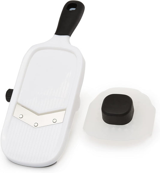 Amazon Basics Hand-held Safe Mandoline Slicer for Vegetables and Fruits, Adjustable Thickness, Stainless Steel Blade, White, 11.3" x 4.5" x 2.5"