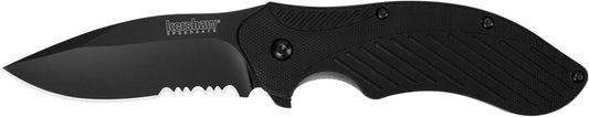Kershaw Clash Black Serrated Pocketknife, 3" 8Cr13MoV Steel Drop Point Blade, Assisted One-Handed Flipper Opening, Folding Utility EDC