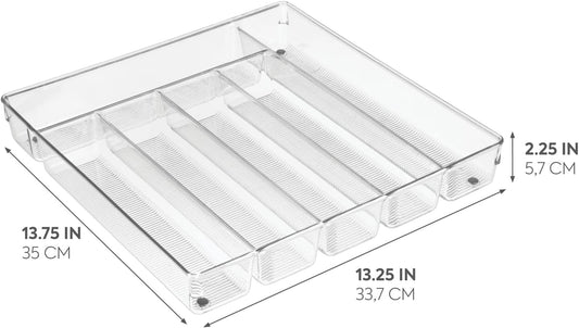 iDesign Linus Kitchen Drawer Organizer for Silverware, Spatulas, Gadgets - 12" x 12" x 2", Clear