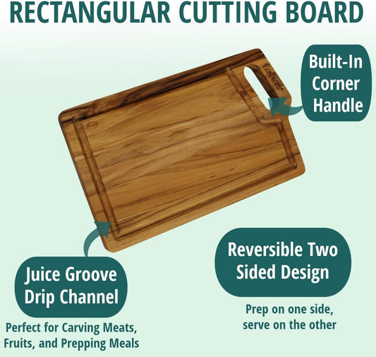 EcoDecors 18"x14" Extra Large Teak Cutting Board, Edge Grain Wood with Juice Groove & Handle, FSC Certified for Kitchen, Carving & Butcher Block Prep