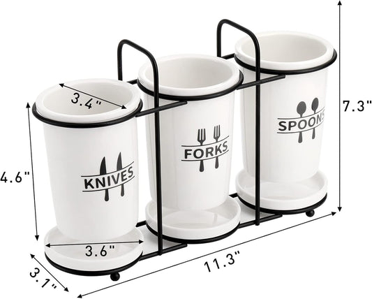 Fasmov Flatware Holder, 3-Piece Silverware Utensil Holder Ceramic Flatware Caddy with Metal Rack, Flatware Caddy White Ceramic Cutlery Organizer for Forks, Spoons, Knives