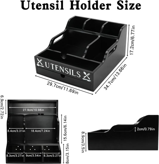 Kitchen Utensil Holder with Drawer, Farmhouse Spatula Organizer for Countertop,Large Capacity Flatware Spoon Forks Knives Cooking Tool Cutlery Holder for Party Picnic BBQ with 11 Compartments(Black)