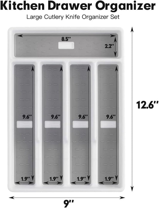 Cutesun Silverware Organizer for Drawer, Desktop Plastic Kitchen Storage, Cutlery Storage for Kitchen Drawer, Flatware and Utensil Holder Divider for Spoons Forks Knives Tableware, 5 Compartment, Gray