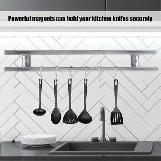 Magnetic Knife Holder for Wall, Stainless Steel 18 Inch Knife Strip with 7 Storage Hooks, Wall Mount Knife Magnet Bar Rack