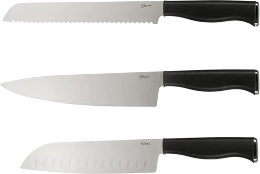 Oster Langmore 15-Piece Stainless Steel Cutlery Knife Block Set with Classic Blue Handles – Full Kitchen Knife Set in Black Storage Box