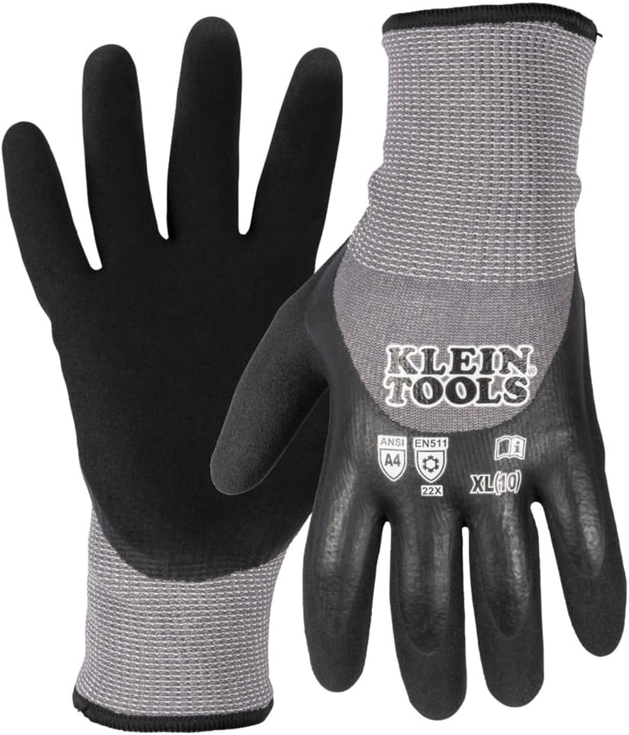 Klein Tools Winter Work Gloves, Knit Dipped ANSI A4 Cut-Resistant, Sandy Latex Coated, Fleece-Lined, Touchscreen Capable