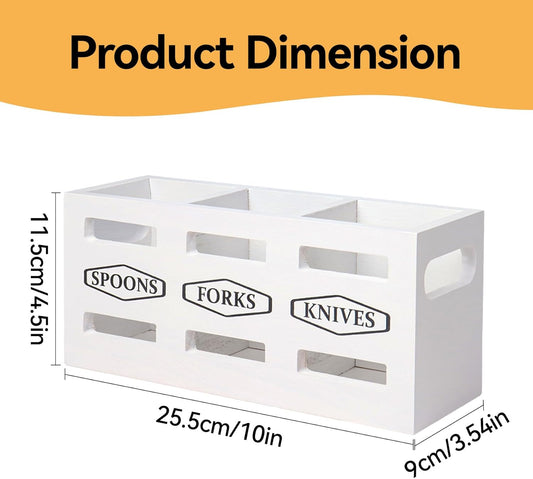 Klmnop Wooden Cutlery Silverware Caddy with Removable Dividers, Flatware Utensil Storage Organizer for Party, 3-Section Knife Spoon and Fork Holder for Countertop Kitchen Dining Room(White)
