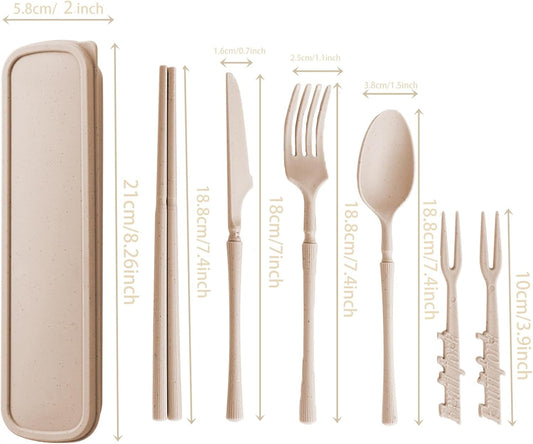 1 Set Wheat Straw Reusable Travel Utensils Set with Case, Portable Camping Cutlery Includes Fork, Knife & Spoon for Adults, Picnic, Lunch Box & Daily Use