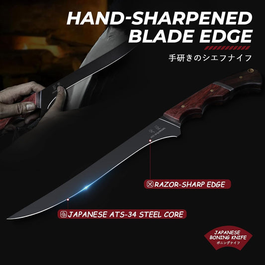 DRGSKL Boning Knife 7 inch - Brisket Trimming Knives for Meat Cutting, Black Butcher Slicing Knives with Full Tang Handle, Kitchen Fillet Knife for Birthday Dad Mom Gift