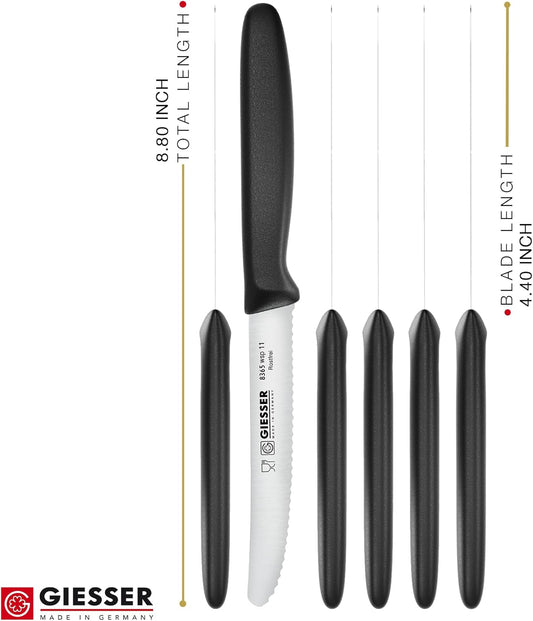 Giesser since 1776, Made in Germany, Serrated kitchen knives round tip dishwasher safe 4.5 inch - Tomato knife, Steak knive set of 6 (Black)