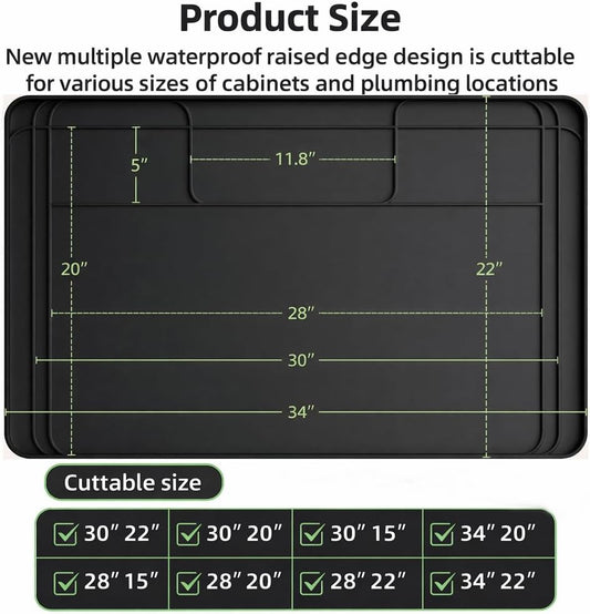 Under Sink Mat for Kitchen Waterproof, 34x22 Inches with Smaller Cut - Flexible Silicone Under Sink Liner, Kitchen Bathroom Cabinet Organizer for Drips Leaks (Grey, 34" L x 22" or Smaller)