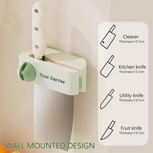 2-in-1 Wall Mounted Knife Holder & Sharpener, No Drilling Kitchen Knife Storage Rack with Built-In Ceramic Sharpening Rod, Air Dry Design to Prevent Rust
