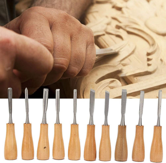 Carving Tools Set, 10Pcs with Wooden Handles in a Wooden Storage Case Carving Knife Chisel Kit Set
