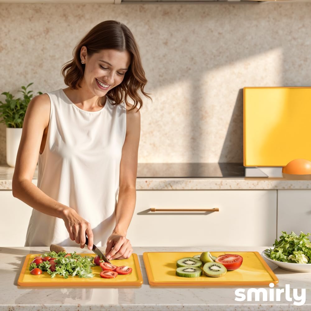 SMIRLY Plastic Cutting Board Set with Holder 3 Pieces, Non-Slip Dishwasher Safe Chopping Boards for Kitchen, Black & White