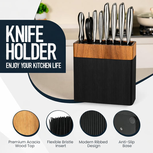 Modern Universal Knife Block Without Knives – Acacia Wood Knife Holder Stand with Bristles for Easy Knife Organization & Storage for Kitchen Counter | Cutlery Display