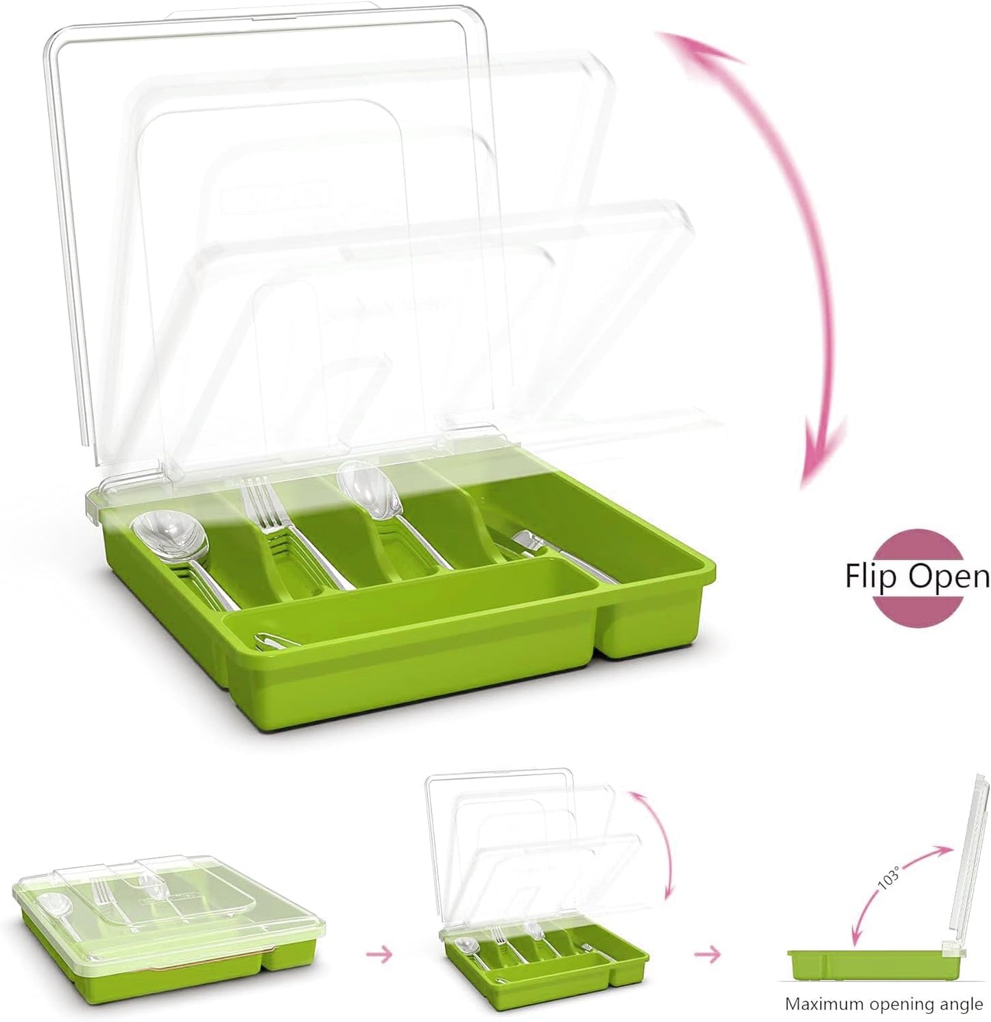 Silverware Organizer with Lid, Covered Utensil Tray for Kitchen Drawer and Countertop, Plastic Cutlery and Flatware Storage Box for Spoons Forks Knives Holder Case, BPA Free Flatware (Green)