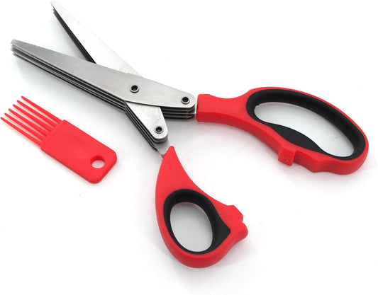Herb Scissors & Kitchen Scissor Set - Multipurpose Stainless Steel 5 blades Herb Shears, Heavy Duty Meat, Poultry, Food Cooking Scissors, Dishwasher Safe - 2 Pack (Red and Black)