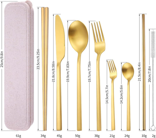 AARAINBOW 8 Pieces Stainless Steel Flatware Set Portable Reusable Cutlery Set Travel Utensils Set Including Chopsticks Knife Fork Spoon Straws Cleaning Brush Dishwasher Safe (Black Golden)