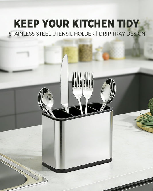 Stainless Steel Utensil Holder, 4 Compartment Kitchen Caddy with Drainage Holes and Non-Slip Base, Countertop Silverware Organizer for Spoons, Forks and Knives, Dishwasher Safe