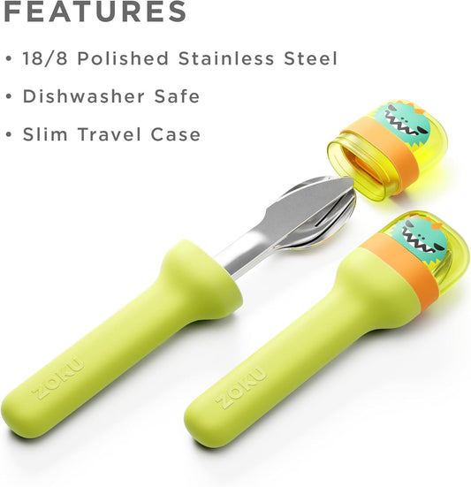 ZOKU Kids Pocket Utensil Set, Shark - Stainless Steel Fork, Knife, and Spoon in Case - Portable Design for Travel, School, Picnics, Camping and Outdoor Home Use