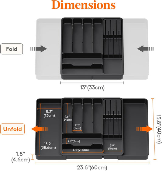 Lifewit Silverware Organizer for Kitchen Drawers, Expandable Utensil Tray with Removable Knife Block, Adjustable Cutlery and Flatware Holder, Plastic Spoon Forks Holder Storage Divider, Gray