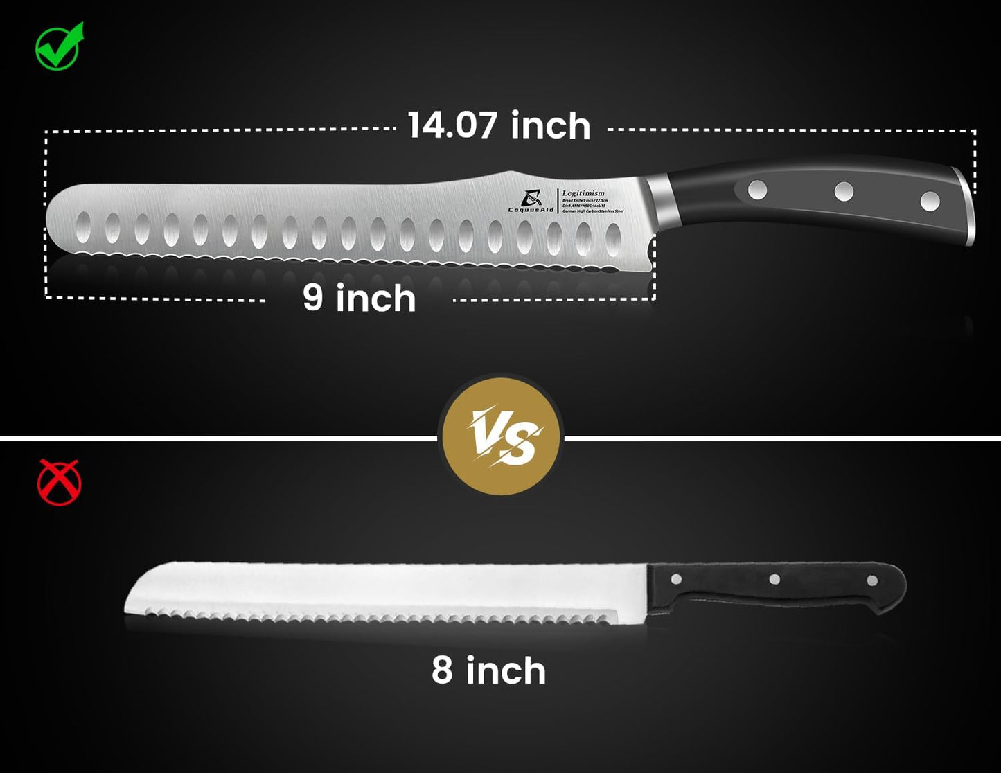 CoquusAid Bread Knife for Homemade Bread, 9 Inch Multifunction Serrated Knife, Razor Sharp Slicer, High Carbon German Steel Bread Cutter, Ergonomic Handle Design for Sourdough Turkey Fruit Cutting