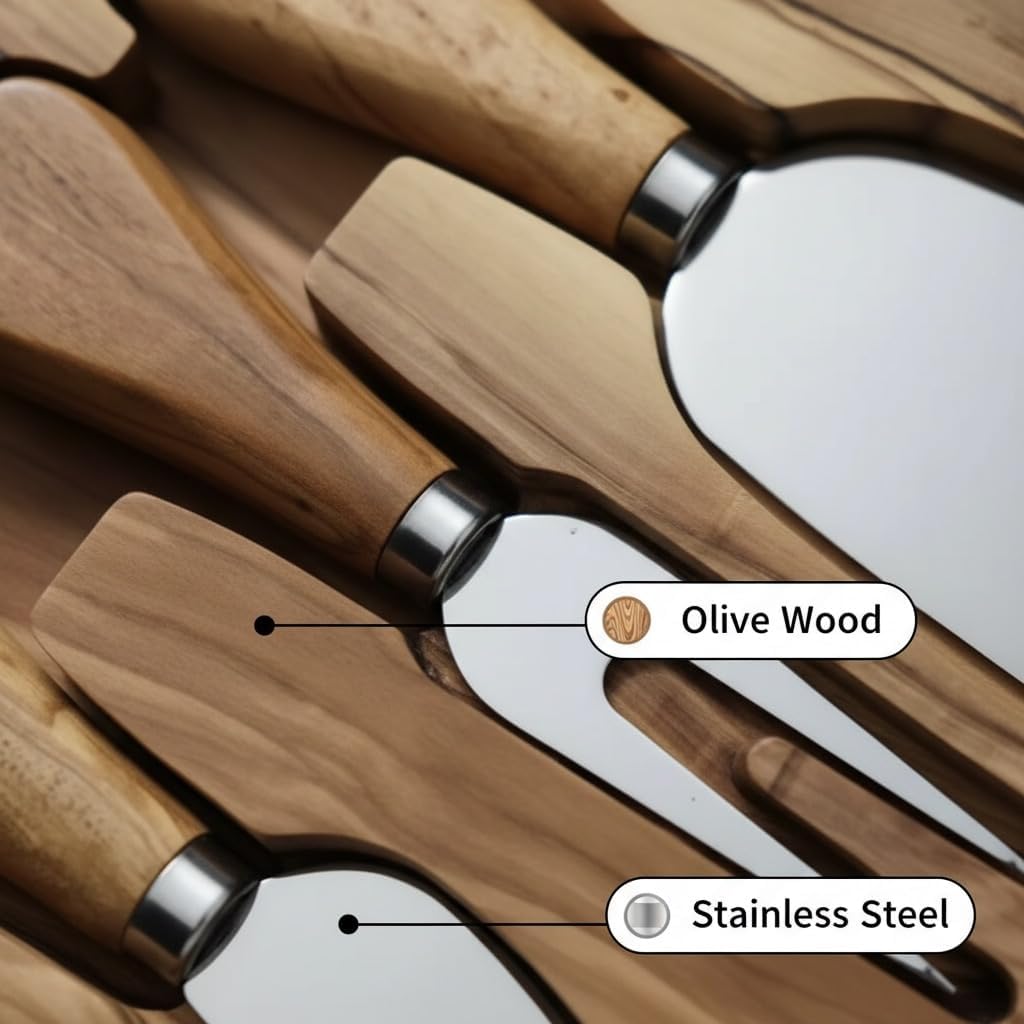 Tephra & Form Cheese Knives Set with Premium Olive Wood Holder | Stainless Cheese Knifes for Charcuterie Board & Cheese Spread | Housewarming Gift for Party, Wedding, and Christmas - 3 Piece Set