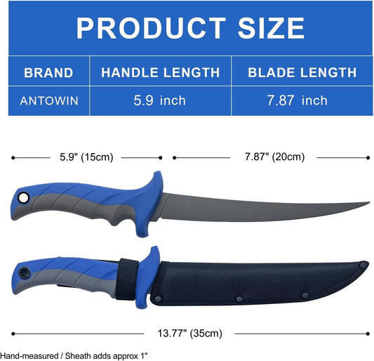 ANTOWIN 7" Fillet Knife for Fish, Pro-Grade Japanese SG2 Stainless Steel Blade, Heavy Duty Fishing Filet Knives Saltwater with SharkGrip Pro Ergonomic Handle, Cuchillo with Premium Nylon Sheath
