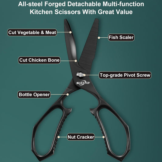 SUCCFLY Kitchen Scissors for Food,Premium Kitchen Shears Heavy Duty,8.8″Ultra Sharp Meat Scissors Detachable Blade,All Steel Poultry Shears Black Titanium Plated,Anti-Slip Cooking Scissor All Purpose