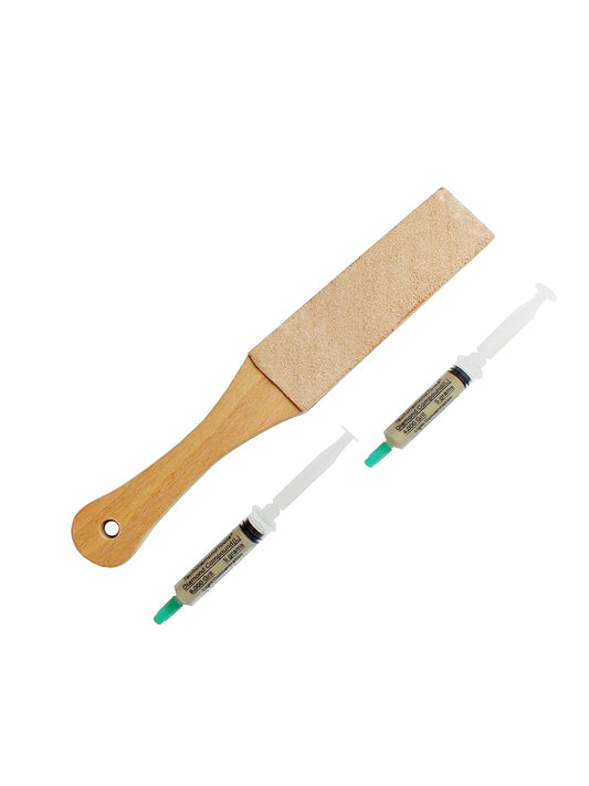 TechDiamondTools Kit of 11” Long Leather Paddle Strop for Knife Sharpening and Two Diamond Polishing Compounds with Light Concentration for Sharpening Knives, Double Sided Leather Strop USA Made