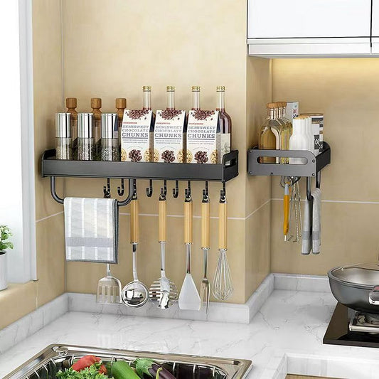 FOTN Carbon steel Kitchen utensils seasoning spice storage rack, wall mounted oil, salt, sauce and vinegar condiment storage rack, Bathroom toiletries organizer with Towel bar and hooks