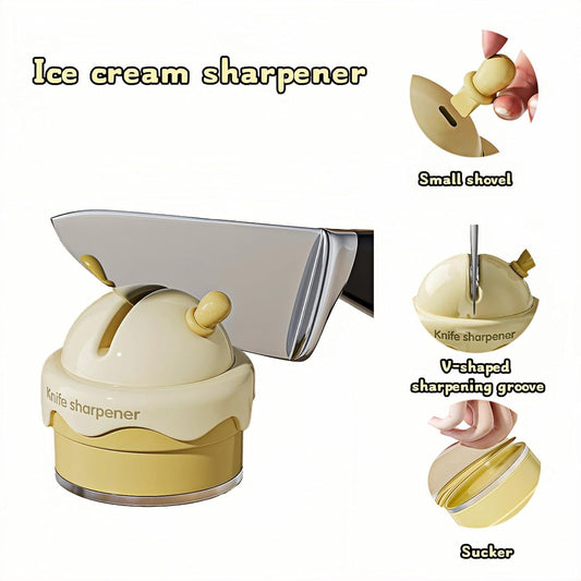 Ice Cream Shaped Knife Sharpener,Cream Yellow,Ceramic V-Groove,6.5x2.6 Inch Portable Knife&Scissor Sharpener with Non-Slip Base,Ceramic Wheels,Fast & Easy Tool for Kitchen,Camping