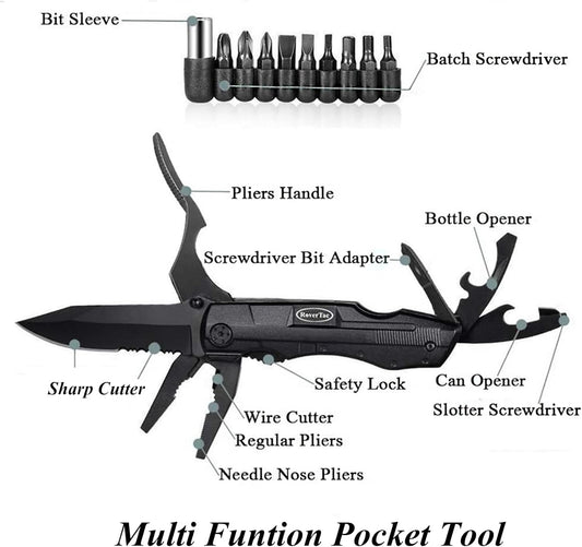 RoverTac Pocket Knife, 15-in-1 Multitool with Pliers, Bottle & Can Opener, 9 Screwdriver Bits, Locking Mechanism & Nylon Sheath - EDC Multi Tool for Camping, Hiking & DIY, Gift for Men & Dad