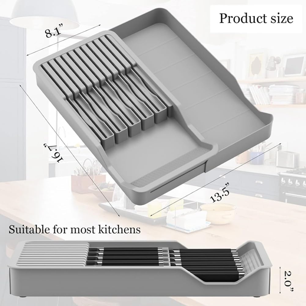 Knife Holder, in Drawer Knife Block Holder with Expandable Cutlery Tray Kitchen Drawer Organizer Insert-Holds 11 Knive