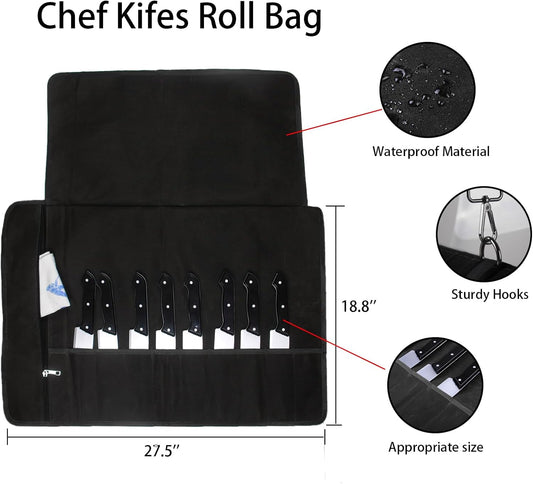 Chef Knife Roll Bag,Waxed Canvas Knife roll bag,Portable 10 Slots Chef Knife case with 1 Zipper Pockets,Heavy Duty Knives Roll Bags for Chef Case for Camping and Hold Home Kitchen Knife Tools Up
