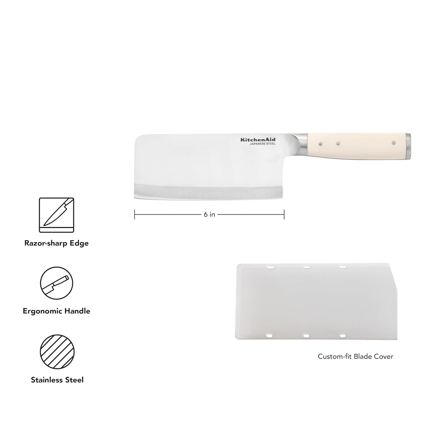 KitchenAid 6 Inch Forged Cleaver, High Carbon Japanese Steel, Eastern-Style Ergonomic Handle with Blade Cover, Milkshake