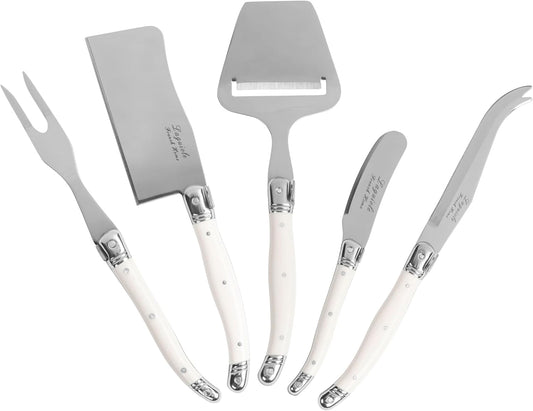 French Home 5-Piece Laguiole Cheese Knives Set with Fork and Slicer – Versatile Charcuterie Board Accessories with Three-Rivet Mist-Colored Handles & Iconic Bee Emblem