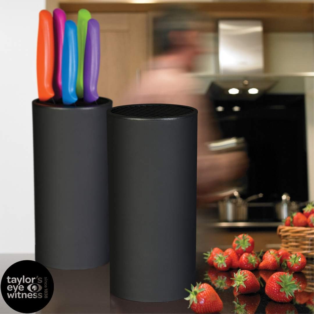 Taylors Eye Witness Empty Knife Block Universal Holder - Stores 8 Kitchen Knives, max 8”/20cm Long. Black Soft Touch Finish. Simple And Elegant Cylindrical Design, For Any Worktop. 10 Yr Guarantee.
