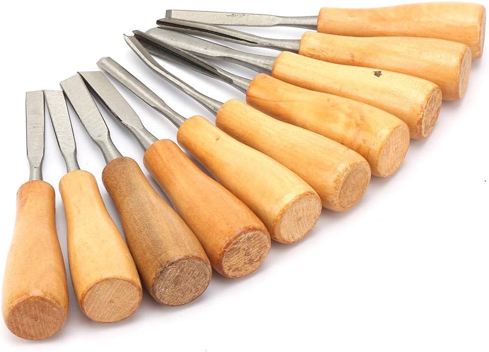 Carving Tools Set, 10Pcs with Wooden Handles in a Wooden Storage Case Carving Knife Chisel Kit Set