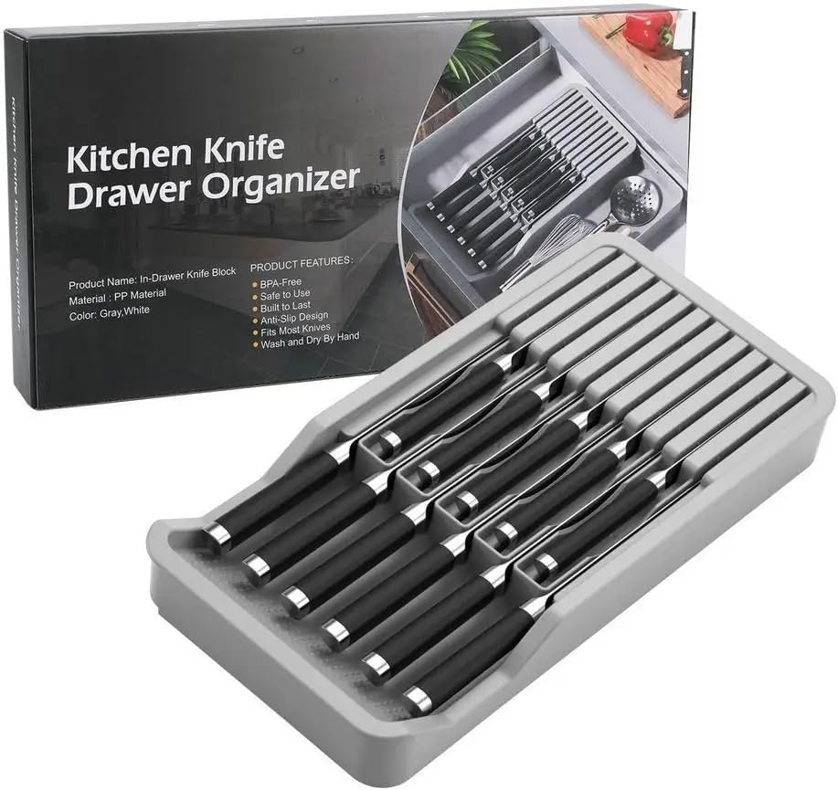 RIIPOO Expandable Knife Organizer for Drawer - Retractable and Adjustable Knife Block Holder Insert, Secure Storage Tray for Kitchen Countertop Organization