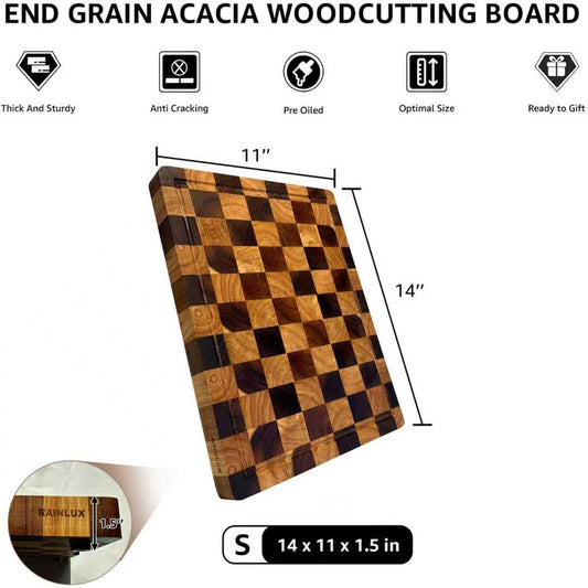 Walnut Wood Cutting Board for Kitchen, End Grain Chopping Board with Juice Groove, Heavy Duty Checkered Board for Cheese and Vegetables, Non-slip Feet, 14" × 11" × 1.5"