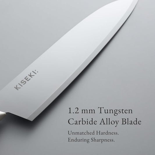 KISEKI: 7.1 Inch Santoku Japanese Chef's Knife, 1.2 mm Tungsten Carbide Alloy Blade, Ergonomic Yamazakura Cherry Wood Handle, Rust Resistant, Made in Japan