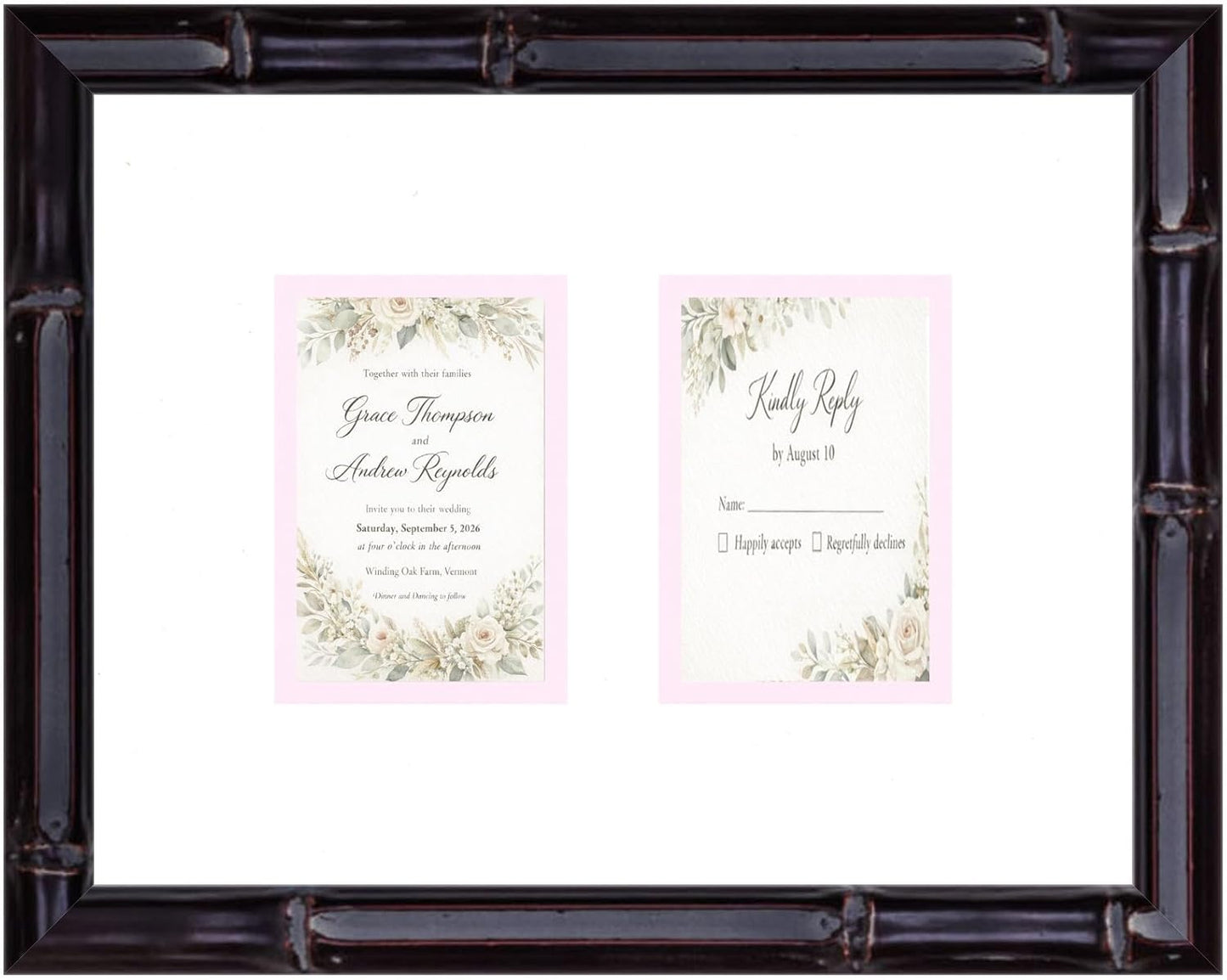 CountryArtHouse Heirloom 3.5x5 Enclosure Invitation and RSVP Keepsake Frame in Brown Genuine Hardwood 13.5x10.75 Artisan-Cut Double Mat White Paired With Metallic Gold Timeless Display