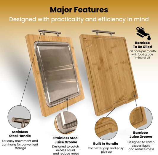 Double Sided Bamboo Cutting Board With Handle, 2-in-1 Stainless Steel Cutting Board With Juice Groove, Large Meat Cutting Board, Wood Cutting Boards For Kitchen, 16.9 x11.8 in