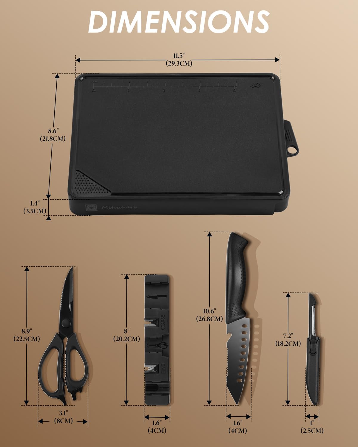 Mitsuharu 5 in 1 Camping Cutting Board Set with Santoku Knife,Separable Shears,Peeler & Slicing Knife and Sharpening Slots,Portable Camper Accessories Kitchen Set, Black