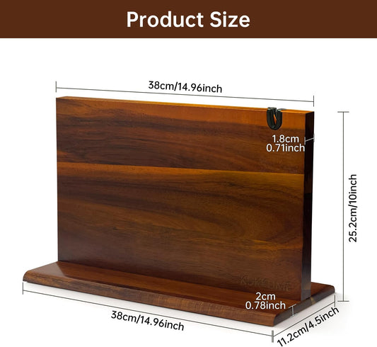 Magnetic Knife Block 14.9 x 10 inch Double Sided Magnetic Knife Holder Rack Acacia Wood Magnetic Knife Stand Knives Storage Rack with Knife Sharpener
