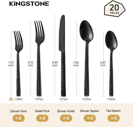 KINGSTONE 24 Pcs Black Hammered Silverware Set with Steak Knives for 4, 18/10 Stainless Steel Heavy Duty Flatware Set, Tableware Cutlery Utensil Sets for Home Restaurant Dishwasher Safe