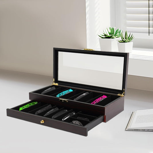 Single Tier Pocket Knife Display Case 8 Slot Lockable Knife Storage Box Knife Collection Display Holder with Transparent Glass Top & Drawer for Utility Knife, Camping Knife (Ebony Color)