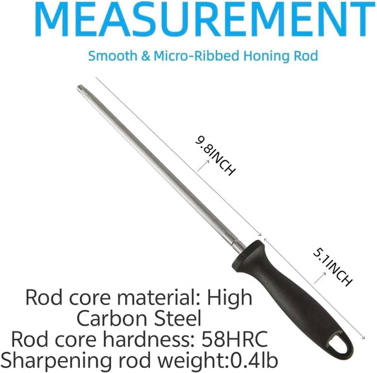 HiramWare Knife Sharpener Rod, 10 Inch Honing Steel for Knives, Professional Magnetic Sharpening Stick, Premium High Carbon Steel with Hard Chrome Plating, Easy to Grip for All Kitchen Knives
