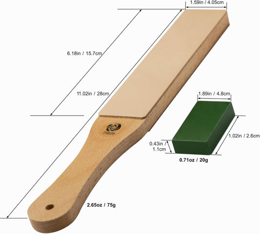 Leather Strop for Knife Sharpening, Double-Sided Paddle Strop with Green Polishing Compound, Wood Handle Stropping Block for Honing Knives, Chisels & Woodcarving Tools, for Finisolva Diamond Pastes